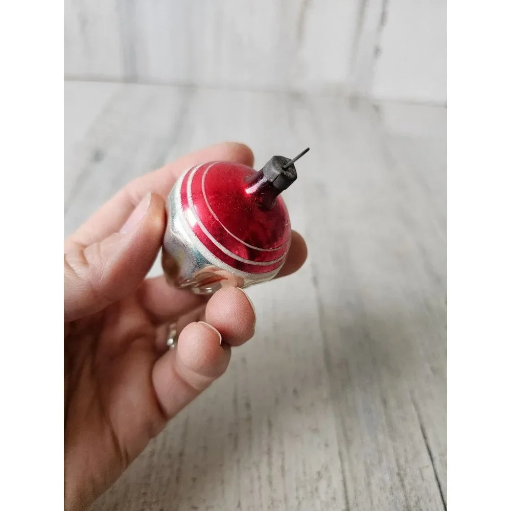 Antique torpedo topper‎ red striped glass ornament silver Xmas tree